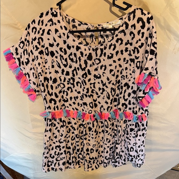 Andree Tops - Andree Leopard Print Blouse with Pink and Blue Tassels